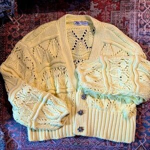 Zara Women's Yellow Knit Sweater Cardigan, size M